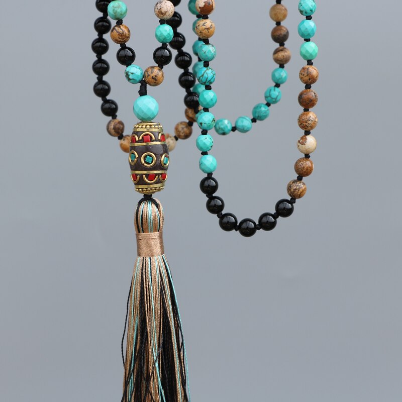 EDOTHALIA Neue Perlenkette Frauen Schwarzer Onyx, Bildstein, Facettierter Blauer Stein Nepal Anhänger Halskette Geschenk Modeschmuck