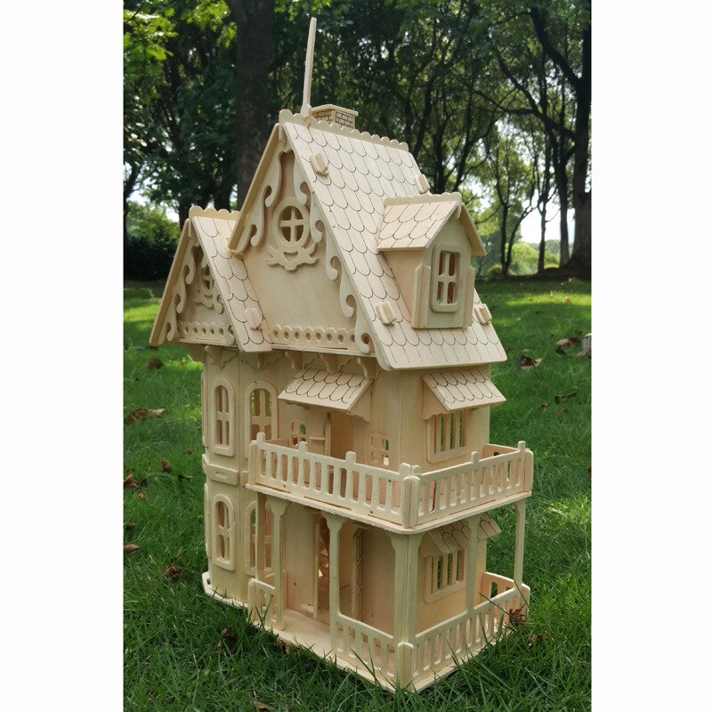 Casa de rompecabezas 3D de madera, casa de muñecas DIY, modelo de villa, casa de muñecas en miniatura ensamblada, juguetes educativos para juego de imitación para niños y niñas