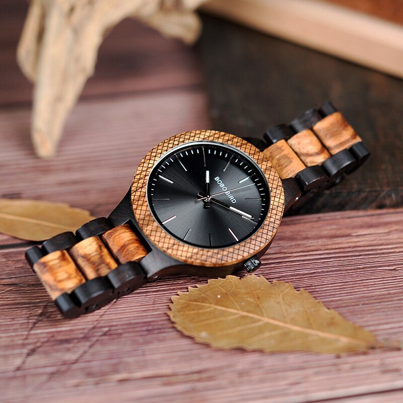 BOBO BIRD D30-1 Relojes de madera de ébano y madera de cebra de dos tonos Reloj de pulsera de cuarzo con manecillas luminosas para hombres en caja de regalo de madera