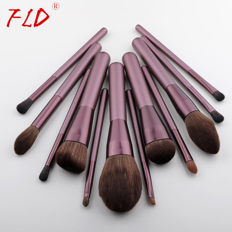 Juego de brochas de maquillaje con mango de madera FLD, 12 Uds., juego de brochas para colorete, delineador de ojos en polvo, juego de brochas de maquillaje para base, Kit de herramientas cosméticas