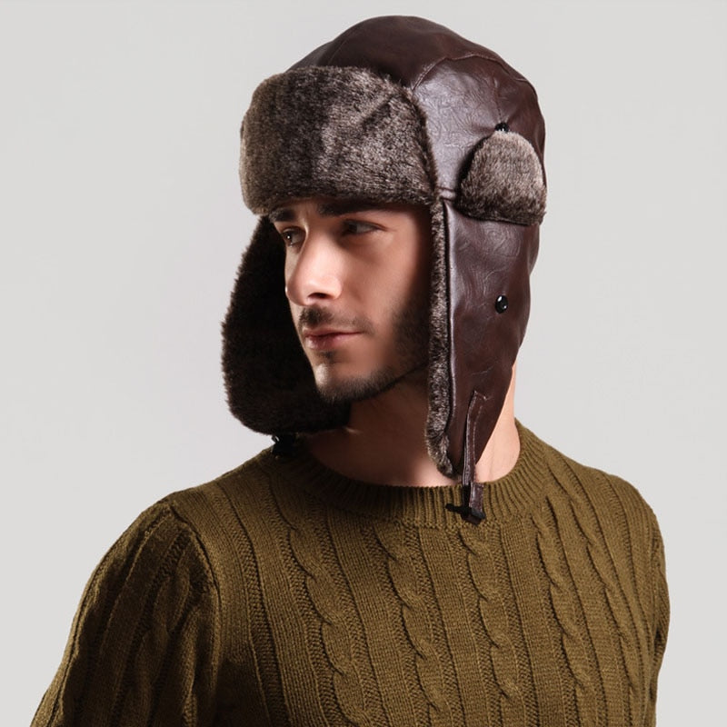 Sombrero de bombardero con orejeras para hombre Invierno Faux Leather Fur Russian Earflap Trapper Cap Aviator Fleece Beanie Hombre