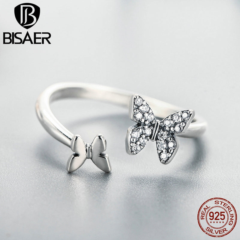 BISAER Hot Sale 925 Sterling Silver Insects Butterfly & Bee Open Rings For Women Fashion Jewelry Anneaux Engagement Ring ECR086