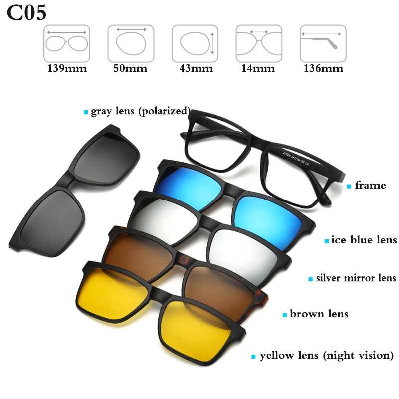 Fashion Optical Spectacle Frame Men Women With 5 Clip On Sunglasses Polarized Magnetic Glasses For Male Myopia Eyeglasses RS159