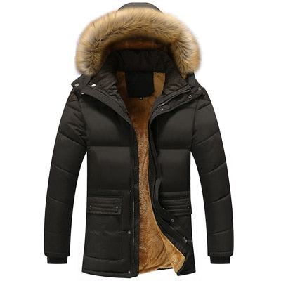 Chaquetas de invierno de piel de montaña para hombre, abrigos gruesos de lana 5XL con cuello de piel y capucha para hombre, chaqueta informal para hombre, prendas de vestir exteriores a prueba de viento SA390