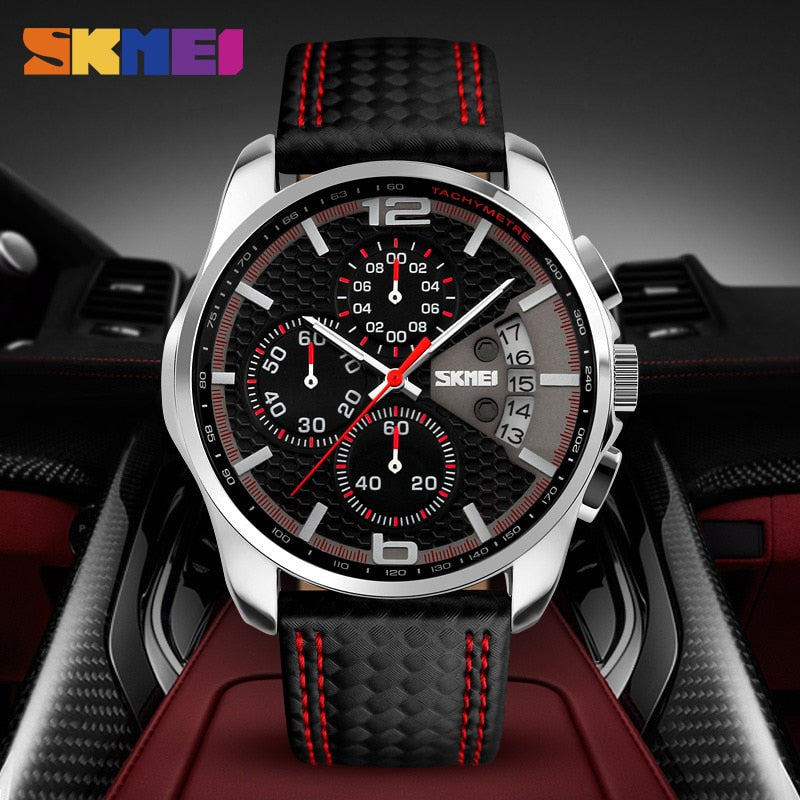 SKMEI, relojes deportivos a la moda para hombre, relojes de pulsera de cuarzo impermeables de 5 barras con correa de cuero de lujo de marca superior, reloj Masculino 9106