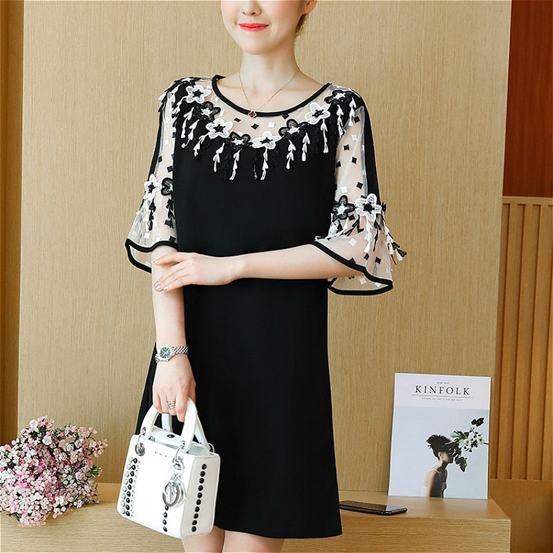 Fashion Elegant Patchwork Floral Lace Chiffon Dress Flare Short Sleeve Black Summer Dress Casual Plus Size Dress Women 2724 50