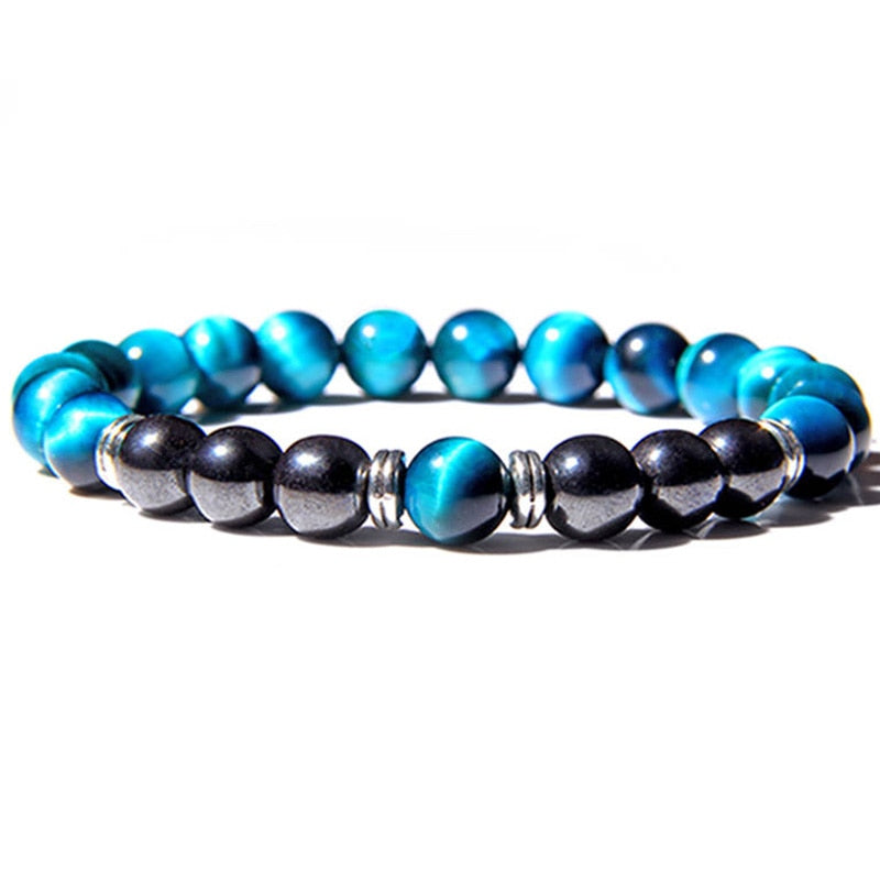 Natural Royal Blue Tiger Eye Stone &amp; Black Onyx Beads Bracelet Men Jewelry Elastic Rope Men Women Yoga Meditation Charm Bracelet