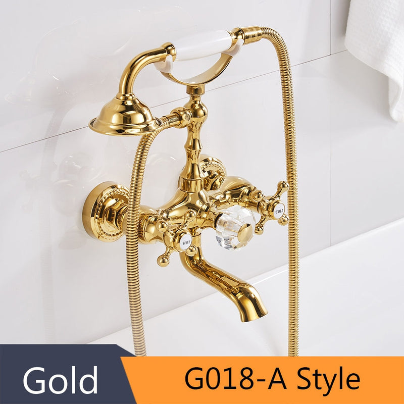 Bathtub Faucets Luxury Gold Brass Bathroom Faucet Mixer Tap Wall Mounted Hand Held Shower Head Kit Shower Faucet Sets HS-G018