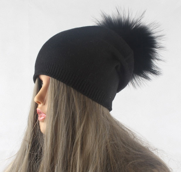 Autumn Winter Pompom Beanie Hat Women Wool Knitted Skullies Beanies Casual Female Cashmere Cap Real Raccoon Fur Pompom Hat