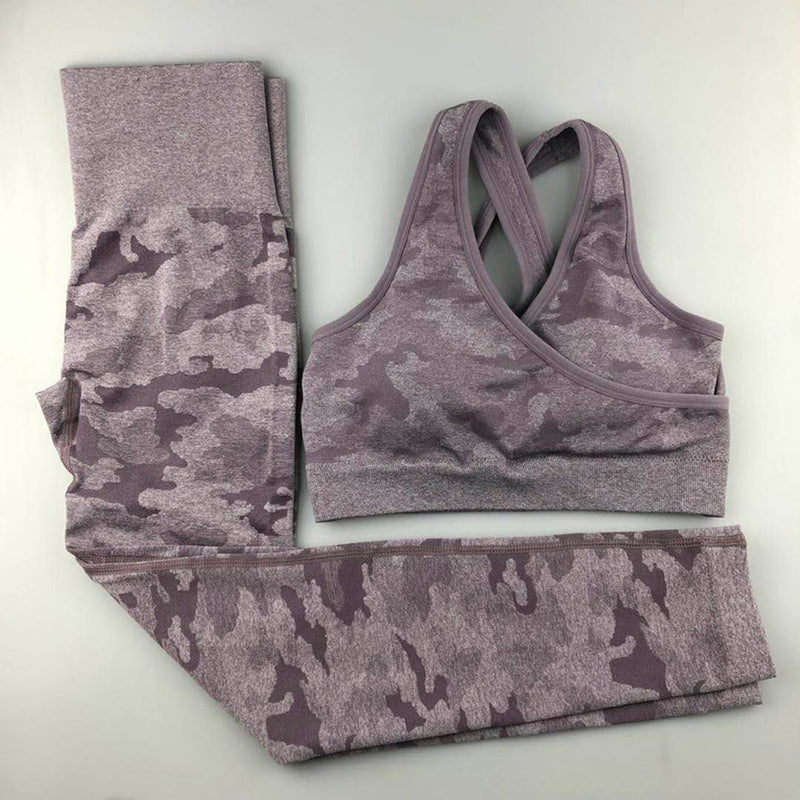 Conjunto de Yoga sin costuras de camuflaje, ropa de Fitness para mujer, mallas de Yoga con botín + Sujetador deportivo de alto impacto, 2 uds, trajes deportivos, chándal de gimnasio para mujer