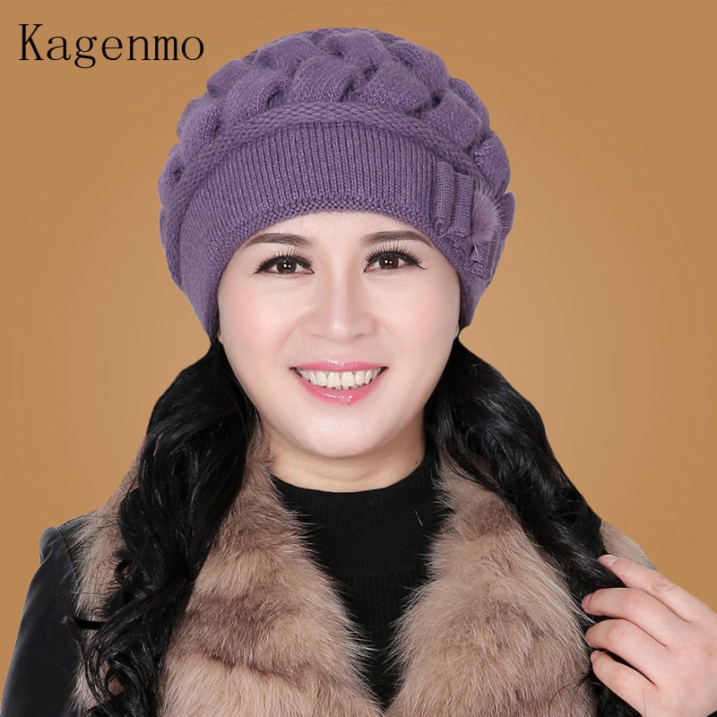 Kagenmo Rabbit Wool Knitted Yarn Hat The Elderly Hat Female Winter Hat Autumn &amp; Winter Female Winter Warm Beret Thermal Fur Cap