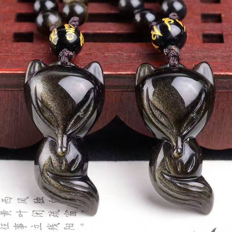 Venta al por mayor, collar de piedra de obsidiana Natural negra dorada, colgante de zorro de la suerte de nueve colas para mujeres y hombres, joyería de moda JoursNeige