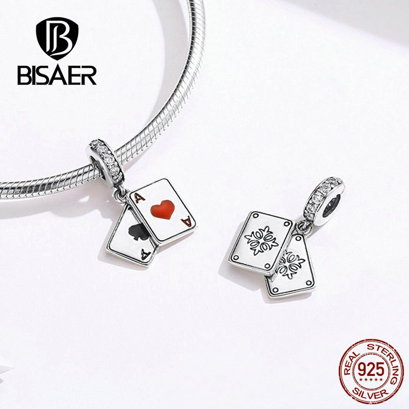 BISAER Poker Love Pendant 925 Sterling Silver Ace In Poker Love Charms Beads Fit For Bracelets Necklaces DIY Jewelry ECC1172