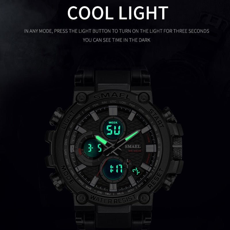 SMAEL Herren Sportuhren Digital Double Time Chronograph Uhr Herren LED Chronometer Wochenanzeige Armbanduhren montre homme Hour