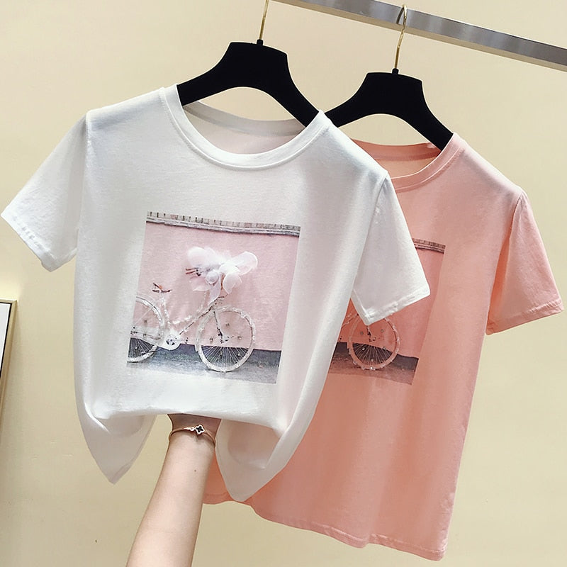 Gkfnmt 2021 moda Cool estampado mujer verano camiseta blanca algodón mujeres camisetas Casual Harajuku camiseta mujer Rosa suelta Top