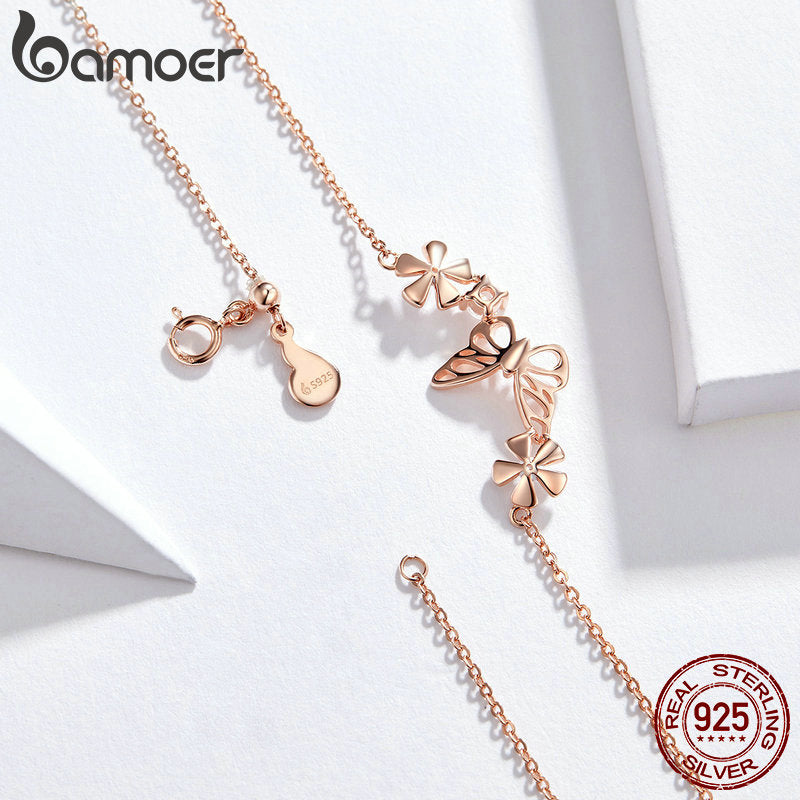 BAMOER 925 Sterling Silver Butterfly and Flower Necklace Enamel Floral Short Choker Necklace Silver Korean Style Jewelry BSN053