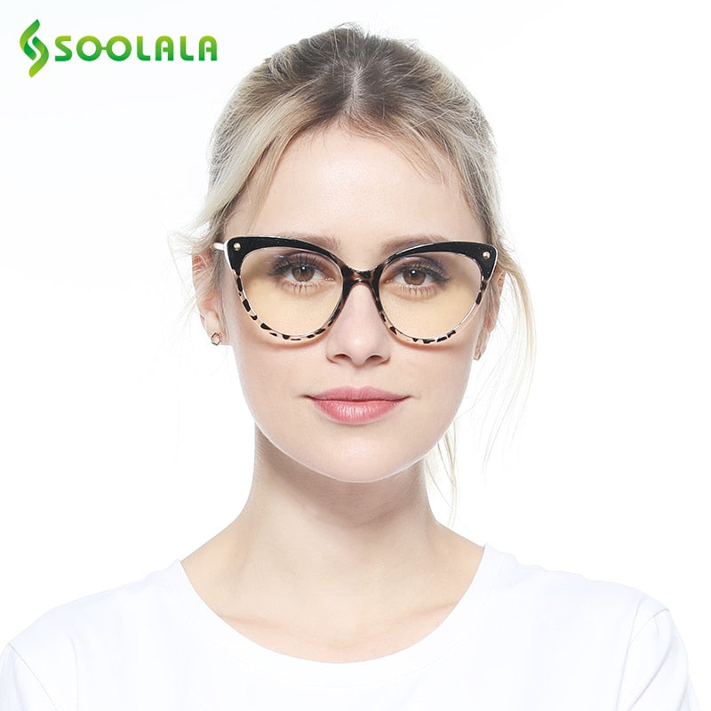 SOOLALA Anti Blue Ray Glasses Computer Glasses TR90 Cat Eye Blue Light Blocking Women Semi-Rimless Anti Fatigue Goggles Glasses