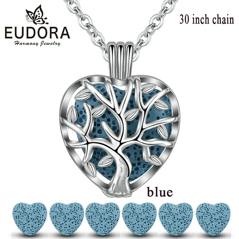 Eudora 20mm Lava Necklace Pendant Heart Volcanic Stone Tree of life Cage Pendant Necklace For DIY Essential Oil Perfume KFC10N20