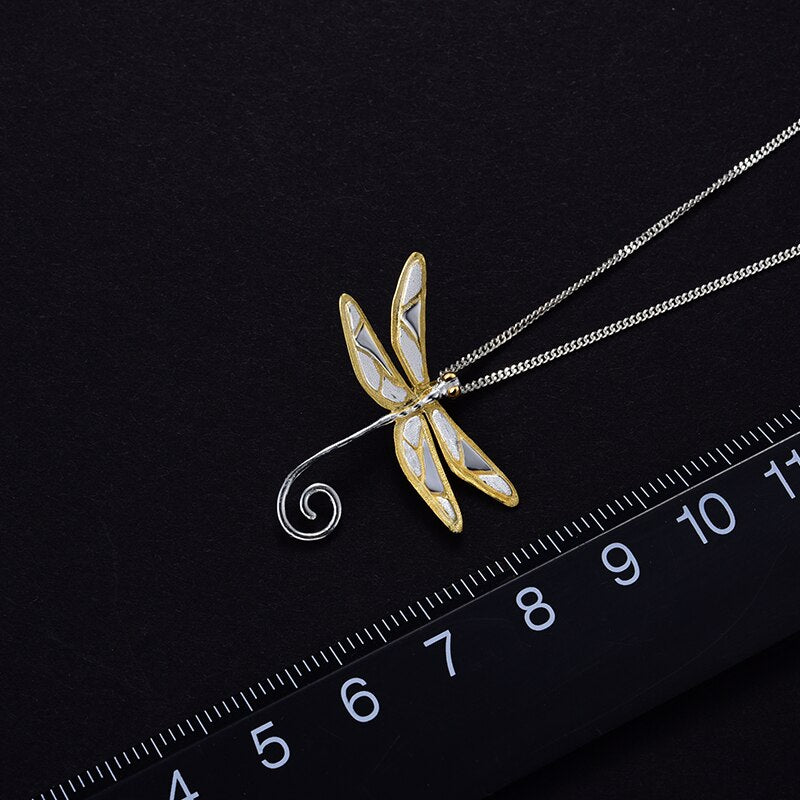Lotus Fun Real 925 Sterling Silver Natural Handmade Fine Jewelry 18K Gold Cute Dragonfly Pendant without Necklace for Women Gift