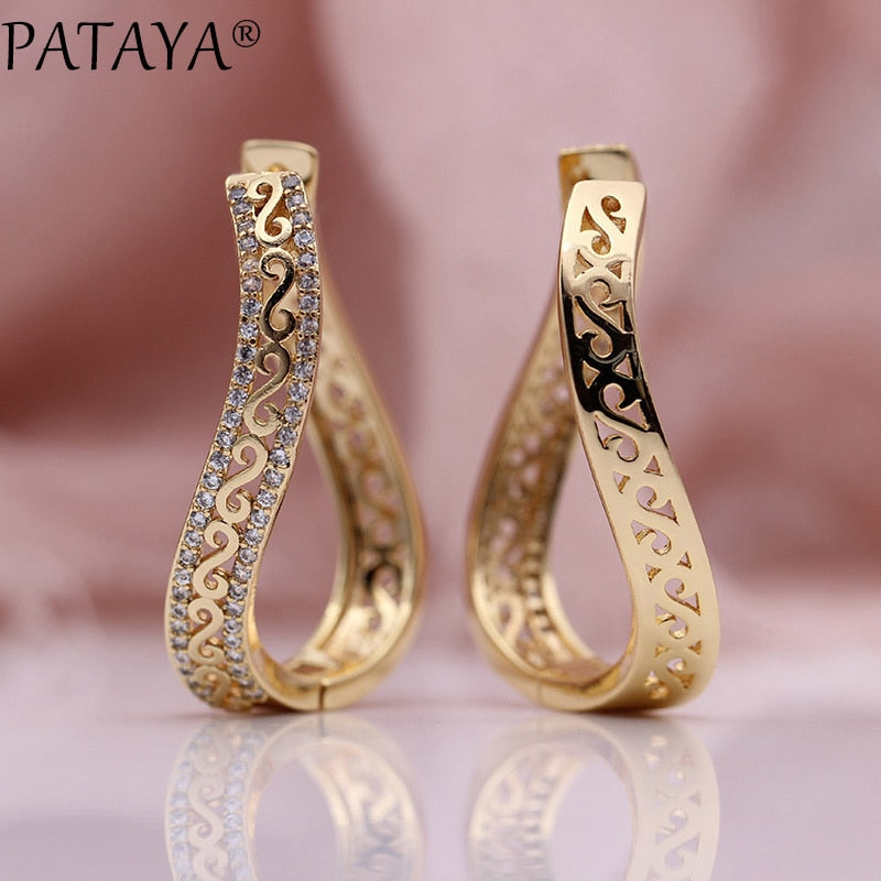 PATAYA New Wave Big Circle Drop Earrings Women Fashion Jewelry 585 Rose Gold Color Micro Wax Inlay Natural Zircon Long Earrings