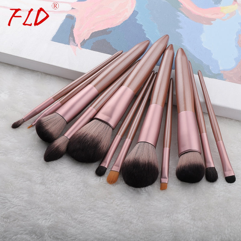 FLD 12pcs Wood Handle Makeup Brush Set Blush Brush Set Eye Eyeliner Powder Foundation Make Up Brushes Set Cosmetic Tools Kit