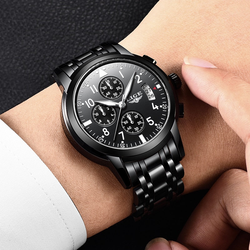 LIGE Mens Watches Top Brand Luxury Fashion Business Quartz Watch Men Sport All Steel Waterproof Black Clock erkek kol saati+Box