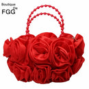 Boutique De FGG Red Flower Rose Bush Women Satin Evening Purse Beaded Handle Totes Bag Wedding Handbag Bridal Clutch