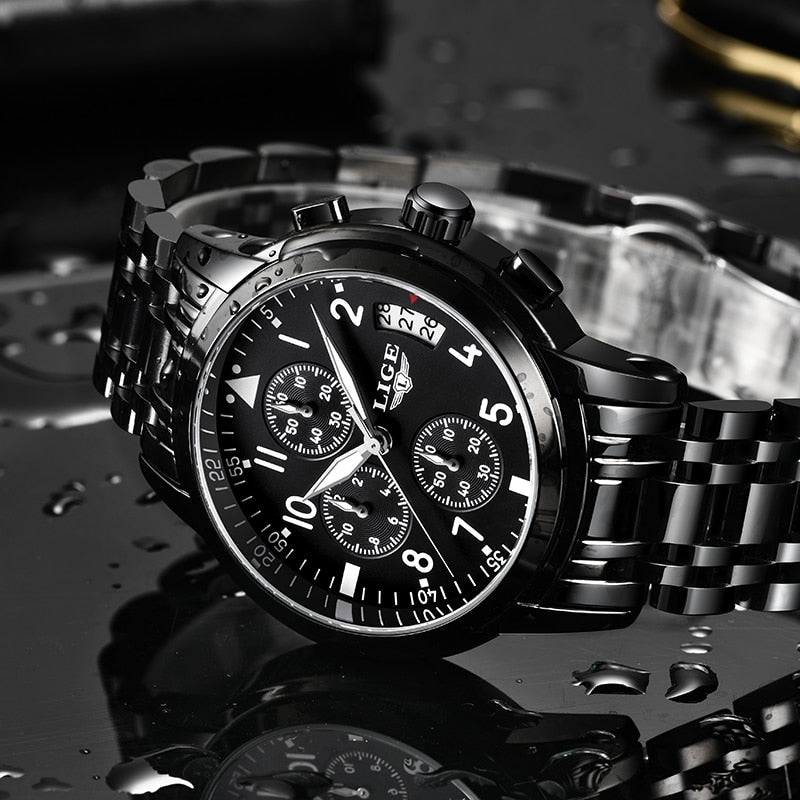 LIGE Mens Watches Top Brand Luxury Fashion Business Quartz Watch Men Sport All Steel Waterproof Black Clock erkek kol saati+Box