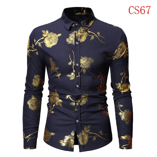 Mens Gold Rose Floral Print Shirts Brand Floral Steampunk Chemise White Long Sleeve Wedding Party Bronzing Camisa Masculina