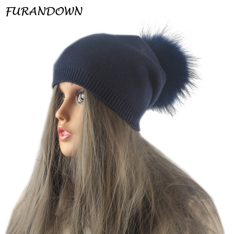 Autumn Winter Pompom Beanie Hat Women Wool Knitted Skullies Beanies Casual Female Cashmere Cap Real Raccoon Fur Pompom Hat