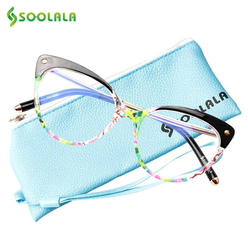 SOOLALA Anti Blue Ray Glasses Computer Glasses TR90 Cat Eye Blue Light Blocking Women Semi-Rimless Anti Fatigue Goggles Glasses