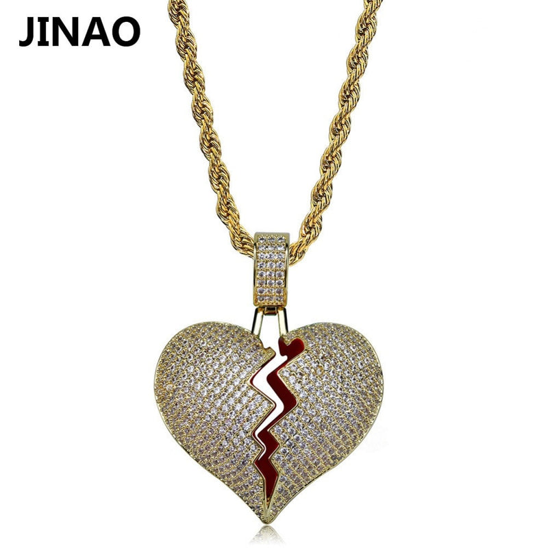 JINAO, collar con colgante de cadena con corazón roto a la moda, collar de circonita cúbica de Color dorado, regalo de joyería para hombres de Hip Hop