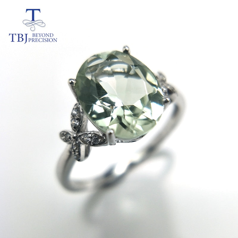 TBJ, 100% natural green amethyst quartz  gemstone ring  925 sterling silver fine jewelry for girls birthday party nice gift