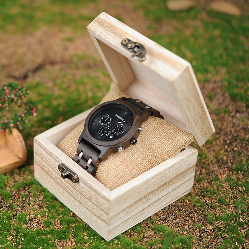 BOBO BIRD Wooden Men Watch Wooden Stainless Steel Date Quartz Chronograph Watches Luxury Men&