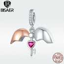 BISAER Romantic 925 Sterling Silver Lock Key Of Love Heart Pendant Charms Lock Shape Fit For DIY Silver Jewelry Making ECC844