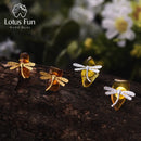 Lotus Fun Real 925 Sterling Silver Natural Amber Handmade Fine Jewelry 18K Gold Cute Dragonfly Stud Earrings for Women Brincos
