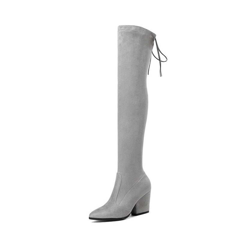 QUTAA 2021, zapatos de mujer, botas por encima de la rodilla, puntiagudos, zapatos de Otoño Invierno para mujer, tacones con pezuña, botas aterciopeladas para mujer, talla 34-43