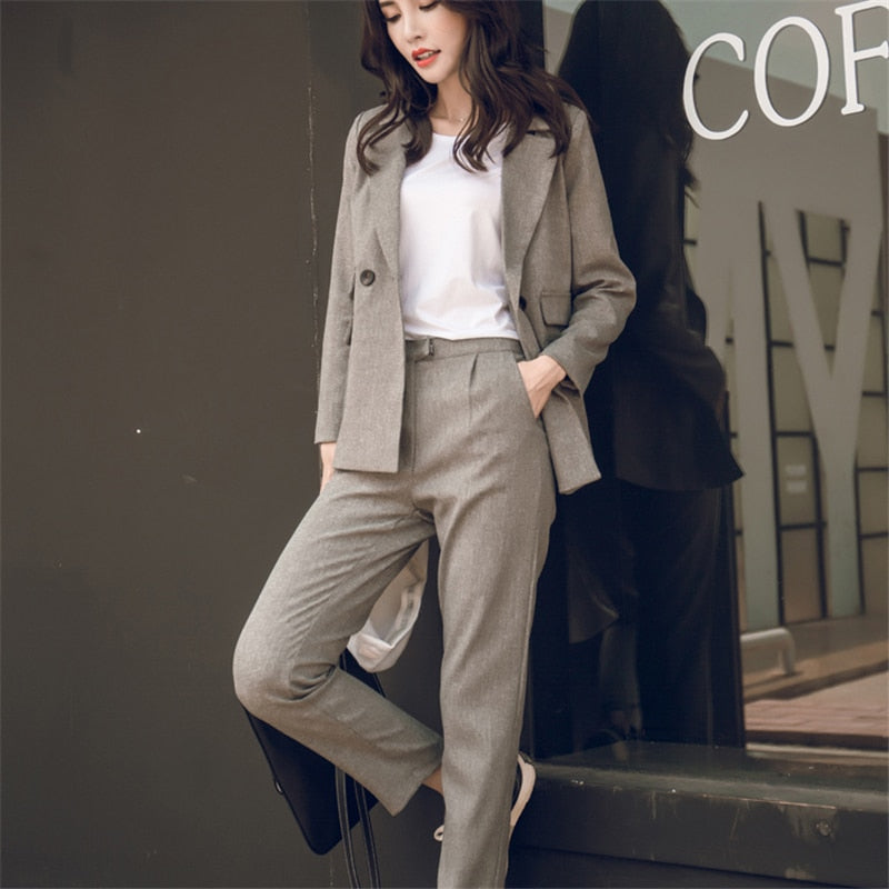 BGTEEVER Women Trousers Suit Casual Buttons Jacket & High Waist Pencil Pant Female 2 Pieces Blazer Set Elegant Pant Suit Women