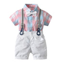 Summer Baby Boy Clothes Suits Gentleman Boy Short-Sleeve Plaid shirt +Overalls Shorts With Tie cotton Wedding Boys Clothes Set