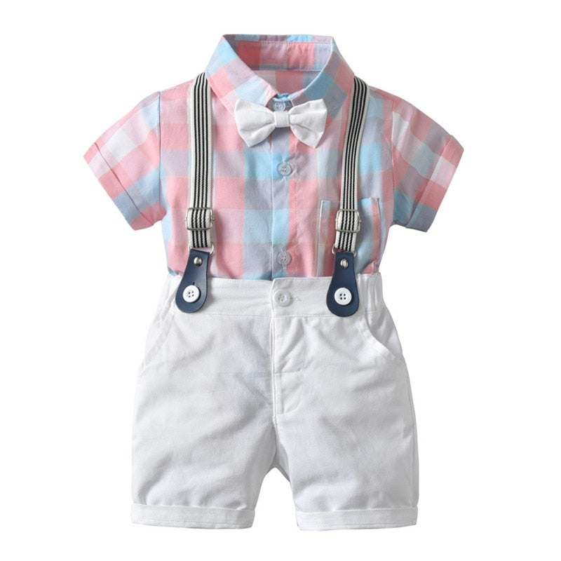 Summer Baby Boy Clothes Suits Gentleman Boy Short-Sleeve Plaid shirt +Overalls Shorts With Tie cotton Wedding Boys Clothes Set