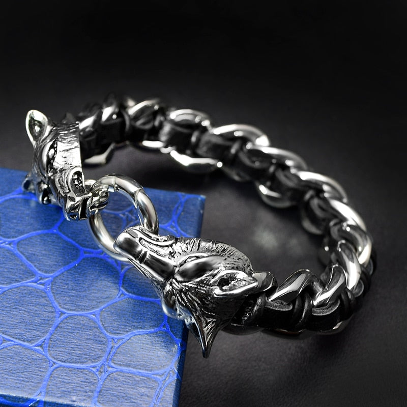 Double Wolf Head Bracelet Men Punk Rock Jewelry 316L Stainless Steel Bracelet Leather Cuban Chain Cool Gift 2018 New