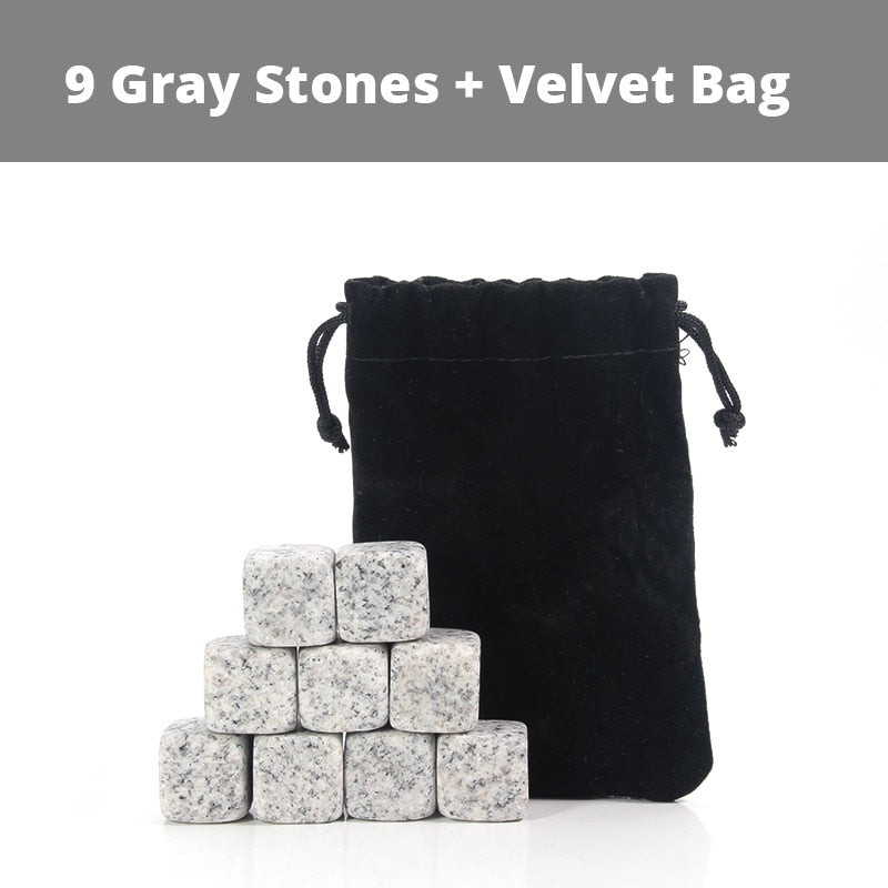 Whiskey Stones Set - 9 Granite Whiskey Rocks / Wooden Box / Velvet Bag / Reusable Cooling Ice Cubes