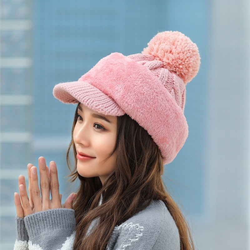 2021 Warm Neck Knit Hat Fur Pompoms Hat Mask Winter Hat For Girl Wool Knitted Hat Female Balaclava Caps Gorras Bonnet