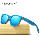 EZREAL Skateboard Wooden Sunglasses Blue Frame With Coating Mirrored Bamboo Sunglasses UV 400 Protection Lenses in Wooden Box