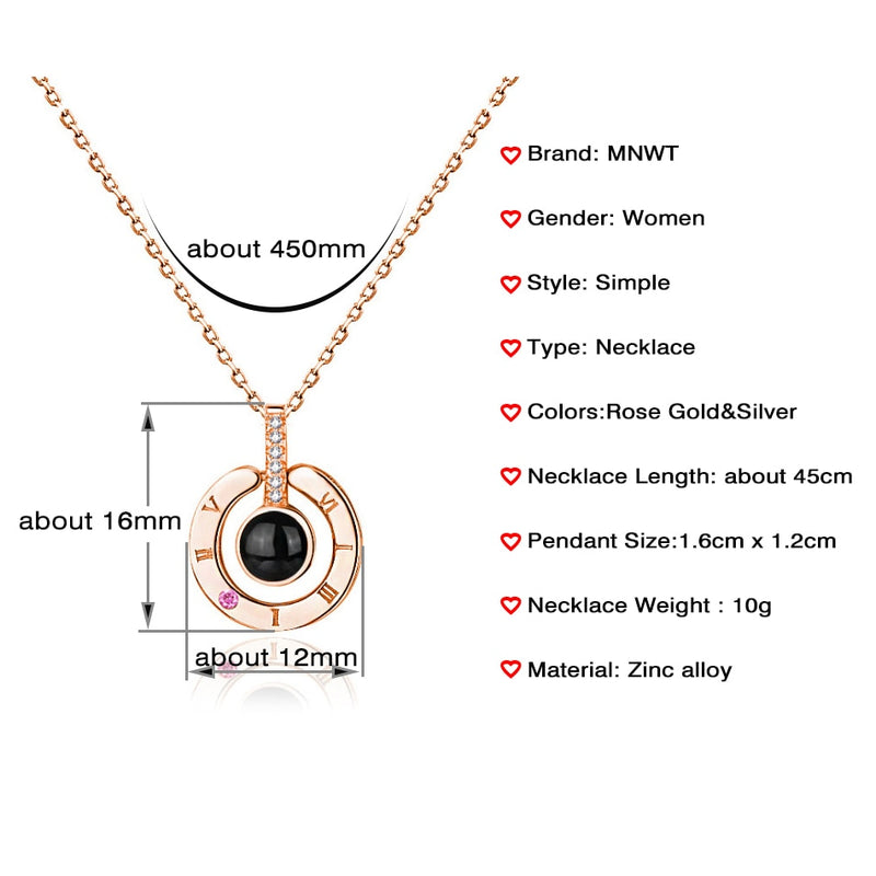 MNWT Rose Gold 100 languages I love you Projection Pendant Necklace Women Love Memory Wedding Necklace