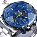 Forsining reloj automático para hombre banda de acero azul calendario 3 Sub Dial reloj de pulsera mecánico resistente al agua reloj Masculino Relogio Masculino