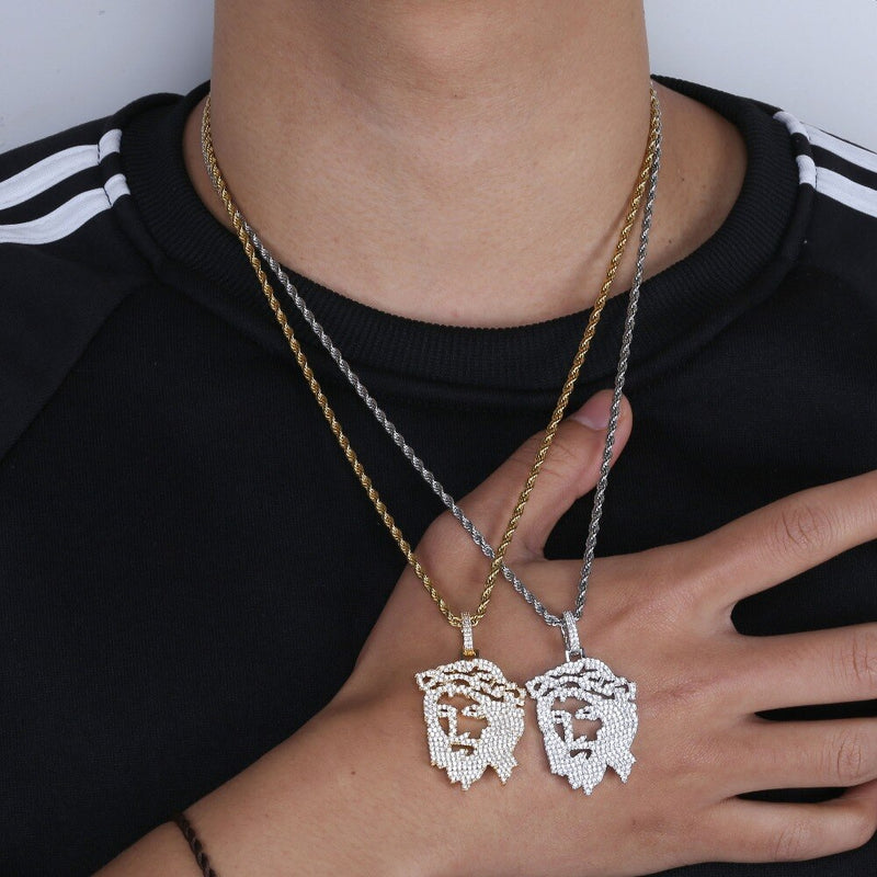 TOPGRILLZ Solid Back Iced Out JESUS Christ Head Face Pendants Necklaces Hip Hop Gold Silver Color Chain for Men Women Jewelry