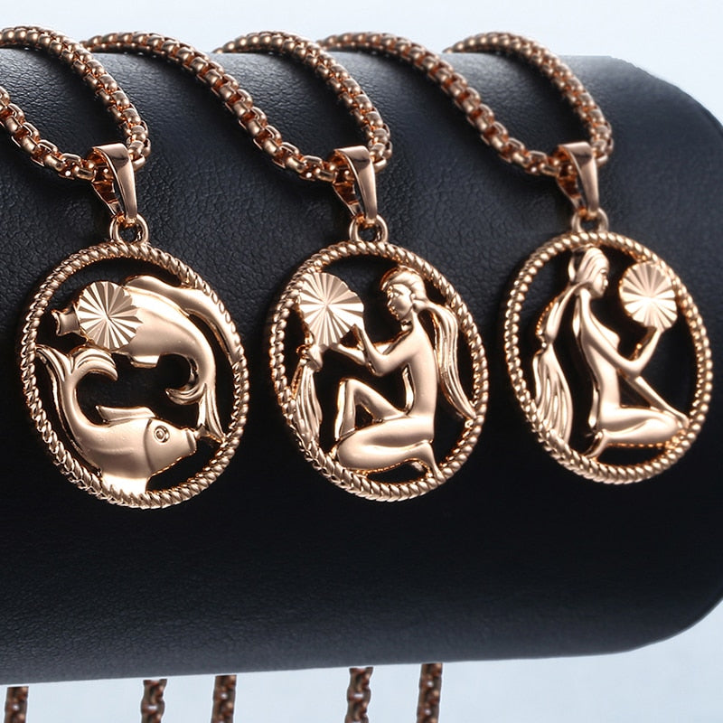 Zodiac Sign 12 Constellation Pendant Necklace 585 Rose Gold Color Horoscope Necklace Mens Chain Gift Fashion Jewelry GPM21