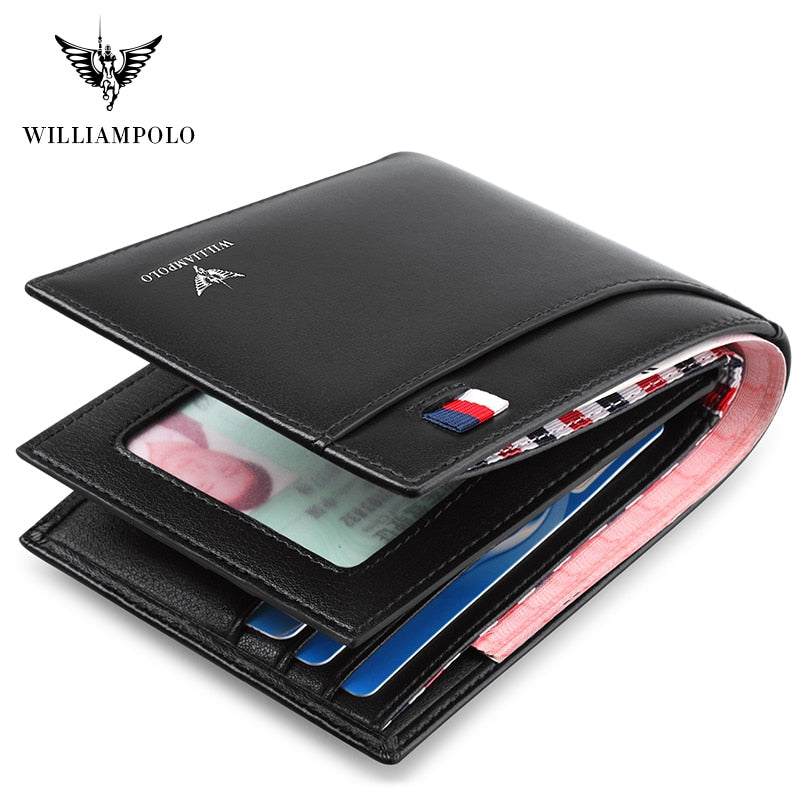 Billetera WilliamPOLO Brand Busines para hombre, billetera plegable de cuero genuino, funda para tarjeta de crédito bancaria, soportes de identificación, monedero para hombre, bolsillos nuevos