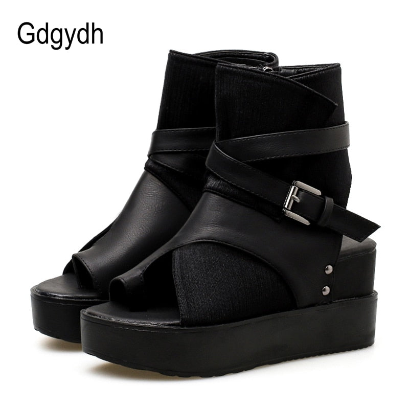 Gdgydh Schwarze Frauen Stiefeletten Frühling Herbst Peep Toe Flache Ferse Stiefel Für Weibliche Schnalle Plattform Keile Schuhe Sommer Bequem